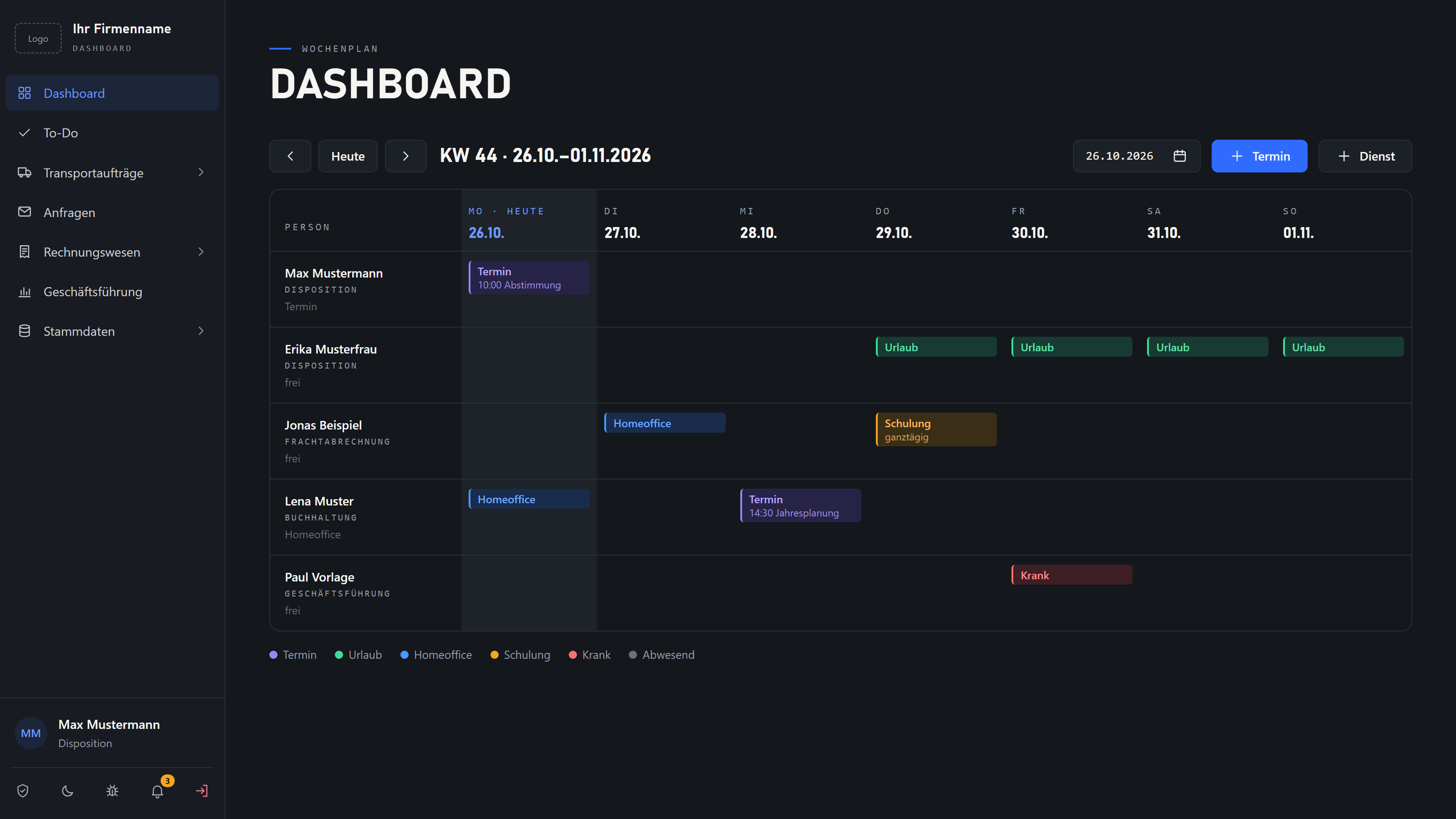 Dashboard der Software mit Wochenplan: Mitarbeiter in Zeilen, Wochentage in Spalten, Einträge für Termine, Urlaub, Homeoffice, Schulung und Krankheit. Links das Menü mit Transportaufträgen, Anfragen, Rechnungswesen und Stammdaten.